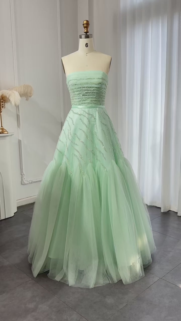 Luxury Strapless Sage Green Evening Dress for Wedding Party SS483