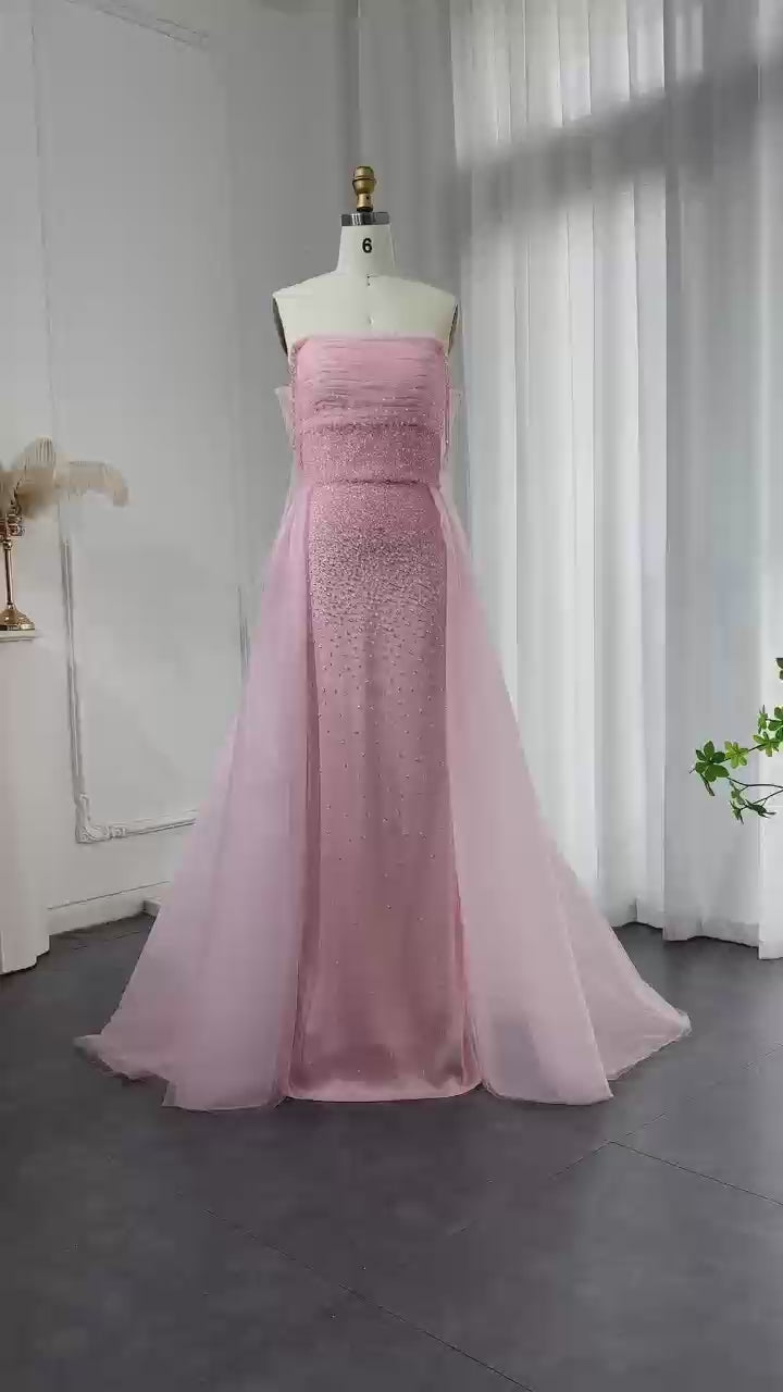 Dreamy Vow Luxus Dubai Perlenbesetztes rosa Abendkleid mit Überrockhandschuhen Elegantes arabisches Hochzeits- und Partykleid für Frauen SS429