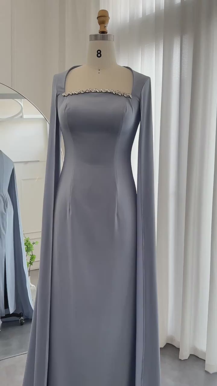 Elegant Blue Mermaid Evening Dress with Cape Sleeves SS486