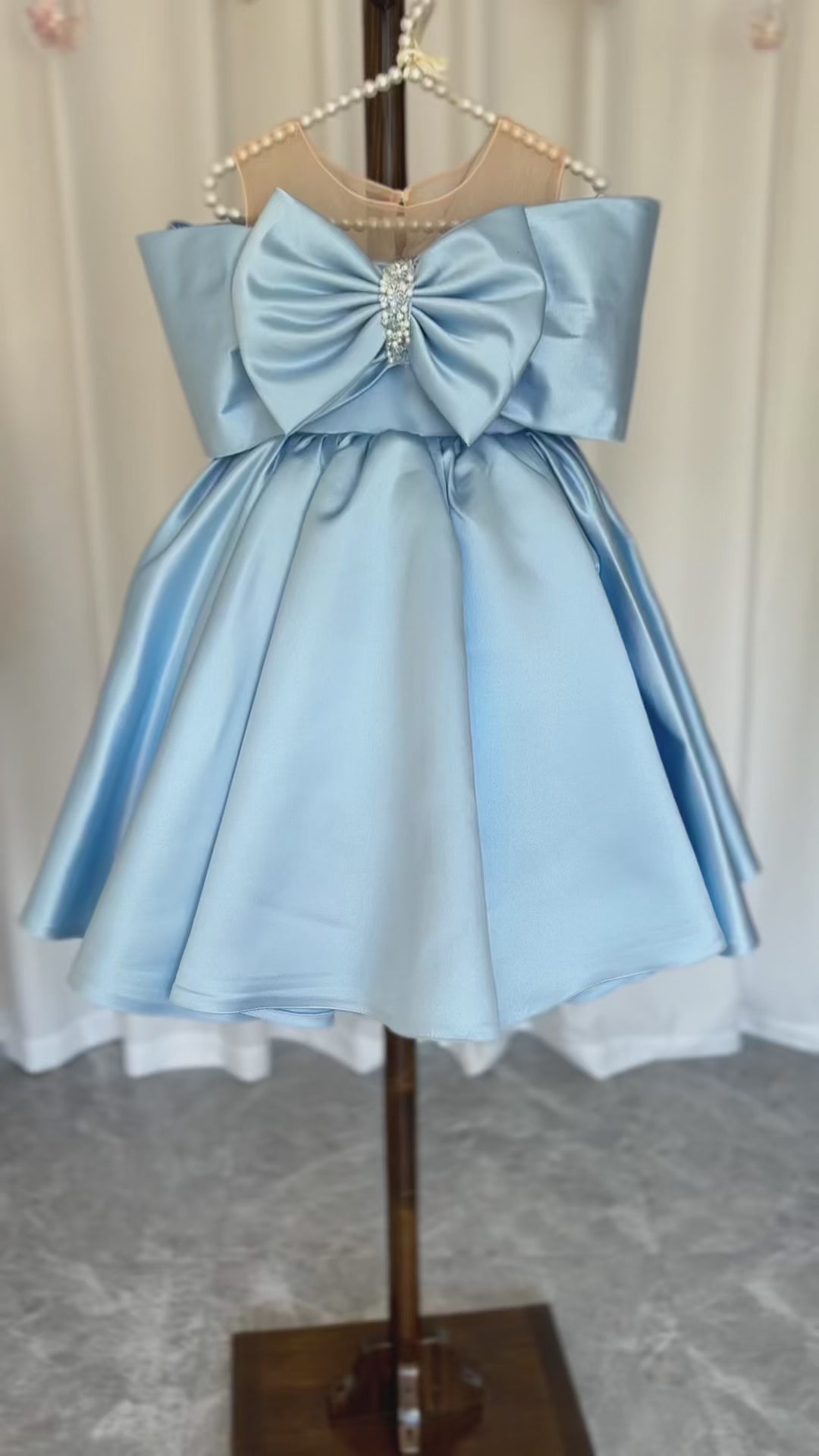 DreamyVow Elegant Satin Beads Flower Girl Dress Blue with Bow Knee Length J181