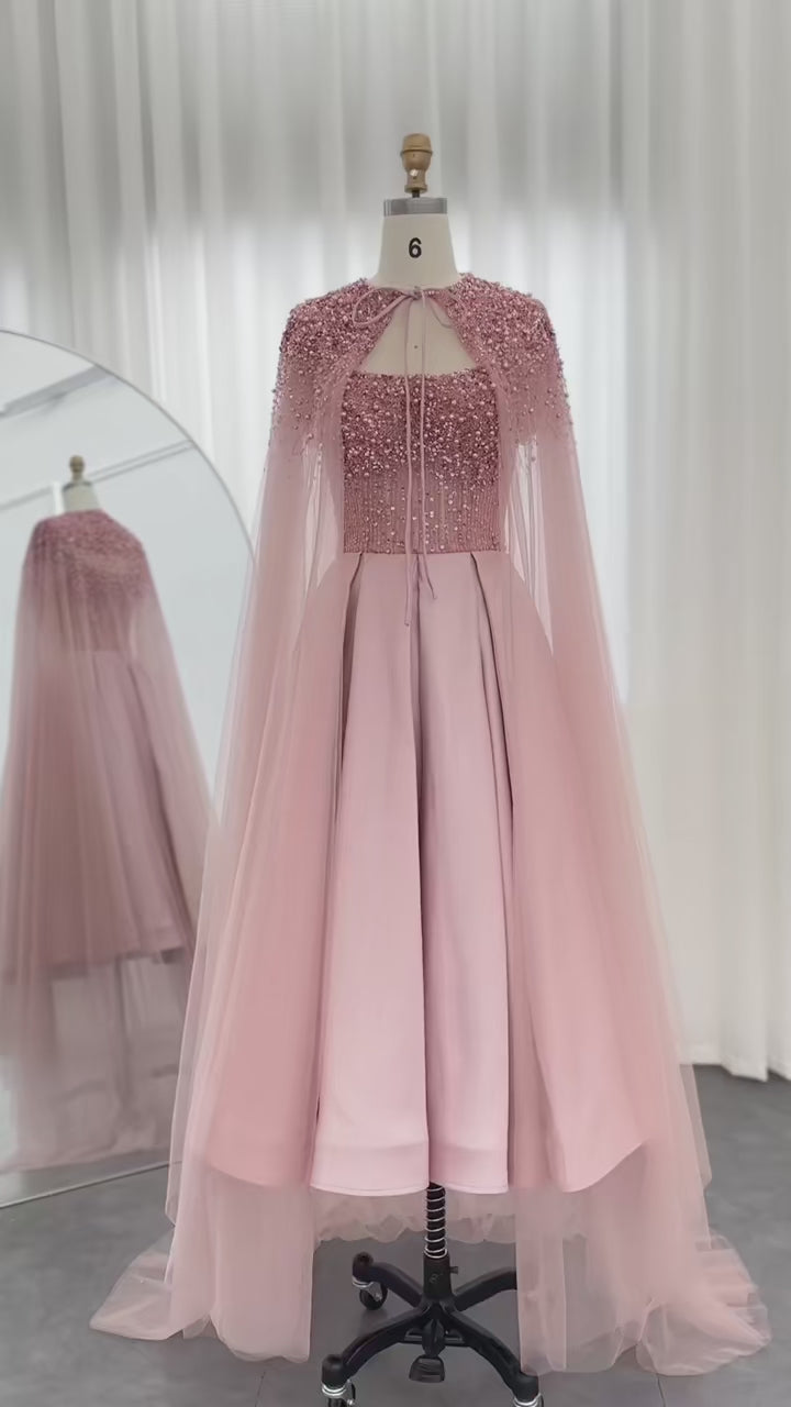 Dreamy Vow Luxury Dubai Blush Pink Arabic Evening Dress with Cape Ankle Length Short Midi Women Wedding Party Dress SS392