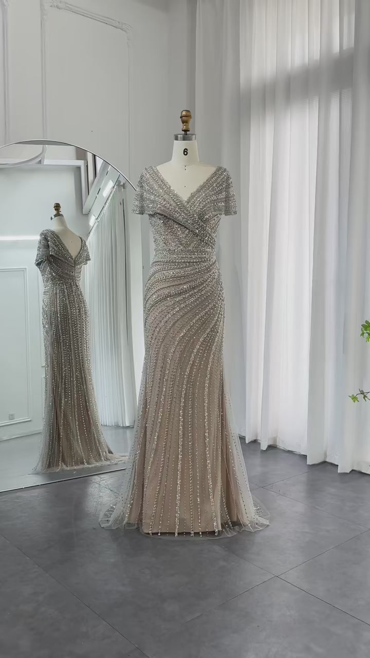 Dreamy Vow Luxus Dubai Silber Nude Meerjungfrau Abendkleider für Frauen Hochzeit Elegante Flügelärmeln Arabische Formale Partykleider SS045 