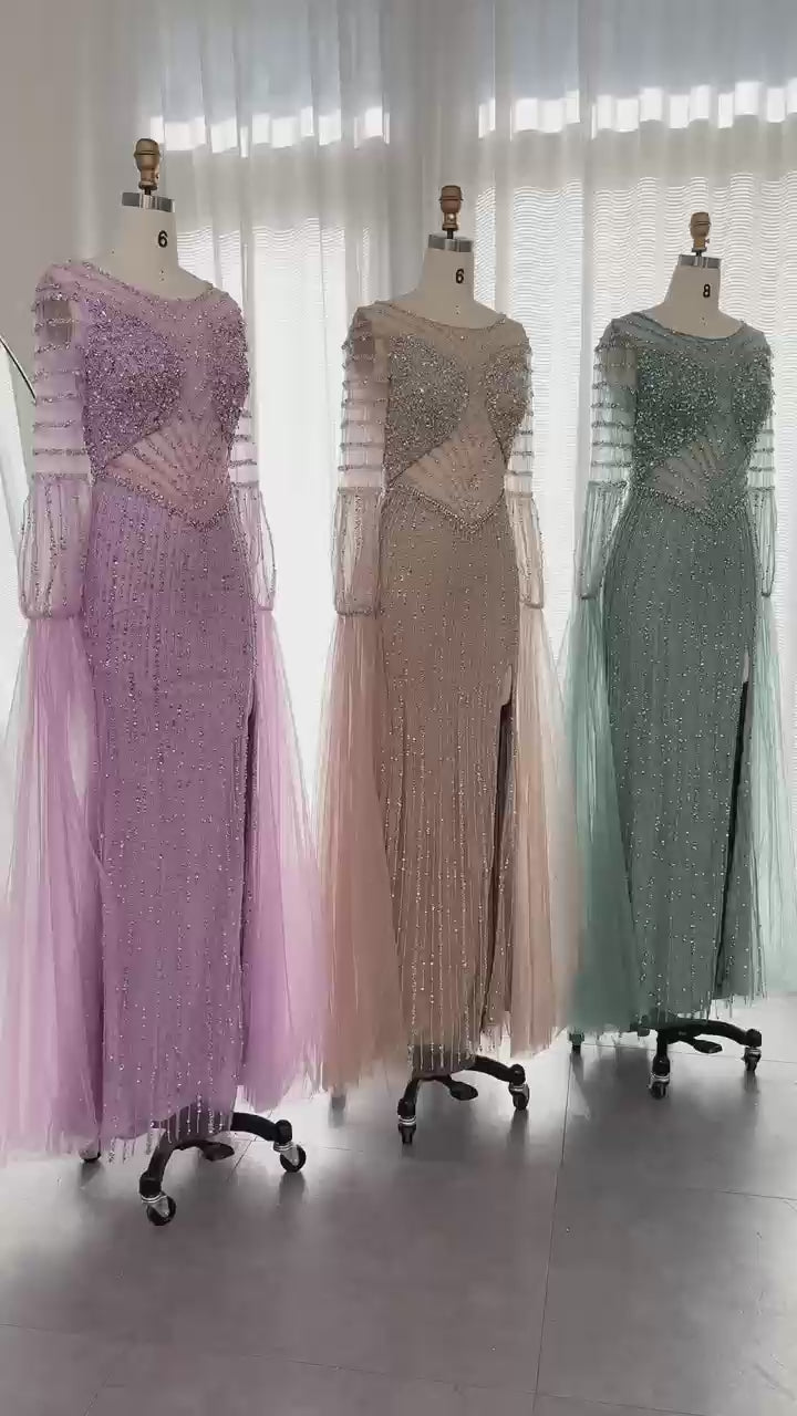 Dreamy Vow Luxury Dubai Mermaid Lilac Evening Dress with Cape Sleeves Slit Elegant Sage Green Women Wedding Party Gowns SS178