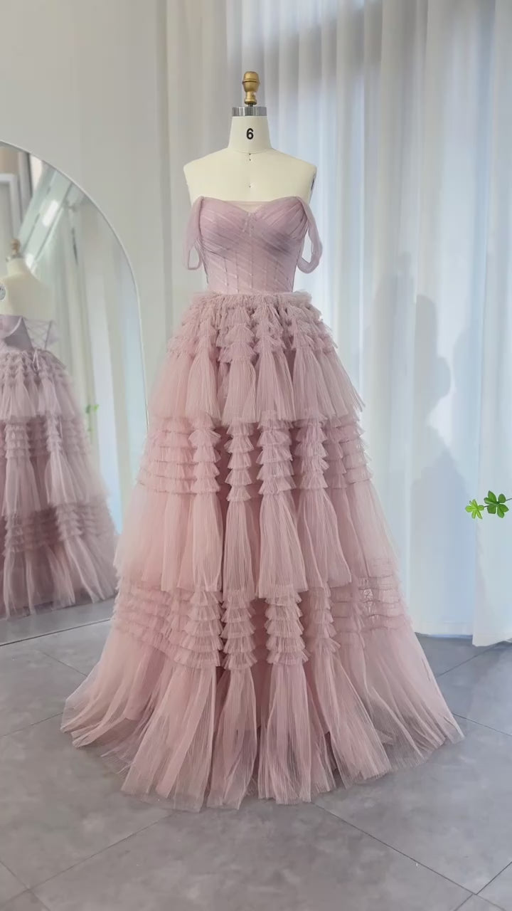 Dreamy Vow Blush Pink Off Shoulder Ruffles Evening Dress for Women Wedding Elegant Tiered Ball Gown Prom Party Desses SF087