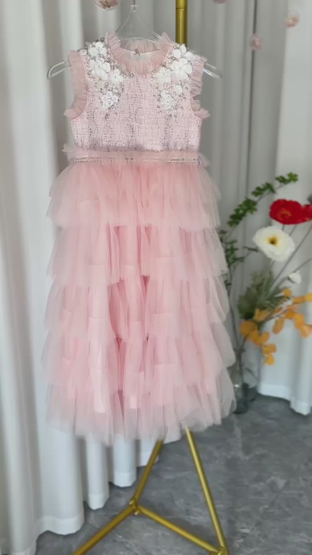 DreamyVow Elegant Pearls Pink Arabic A-Line Birthday Girl Dress J114