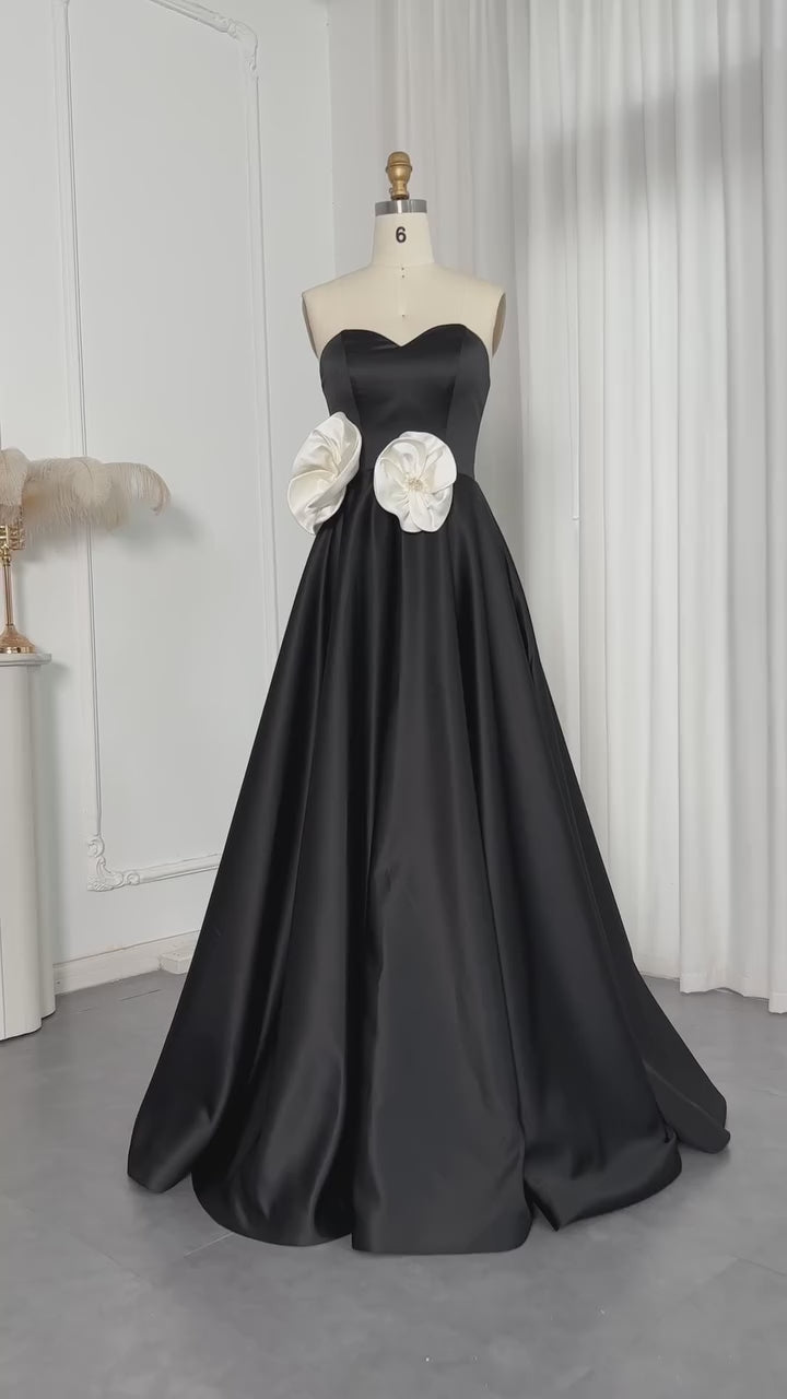 Dreamy Vow Elegant Black 3D Flowers Strapless A-Line Evening Dress SF092