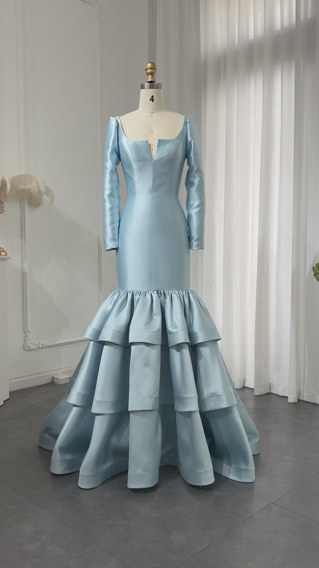 Elegant Blue Satin Long Sleeves Mermaid Evening Dress SF015