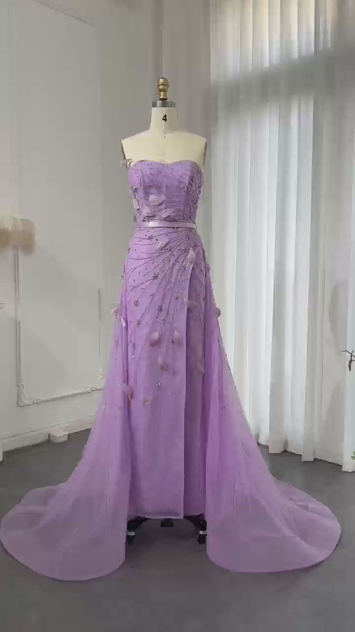 Dreamy Vow Luxus-Abendkleid mit Perlen und Federn in Lila mit Überrock und herzförmigem Schlitz, arabische Hochzeits- und Partykleider für Frauen SS456