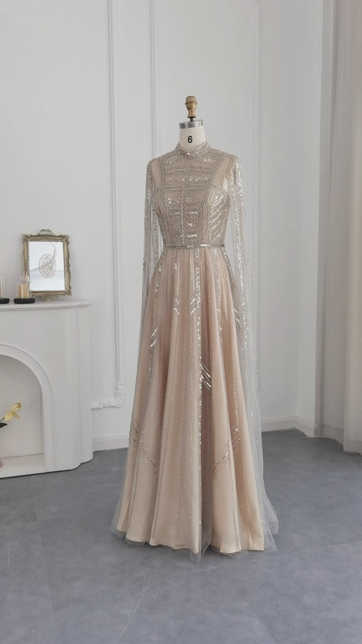Dreamy Vow Luxury Dubai Grey Nude Arabic Evening Dresses with Cape Sleeves Elegant Women Formal Gowns for Wodding Party SS428