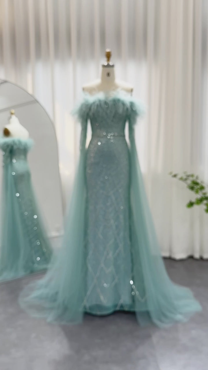 Dreamy Vow Luxury Feather Turquoise Dubai Evening Dress with Cape Sleeves Lilac Arabic Women Wedding Party Prom Gown SS261