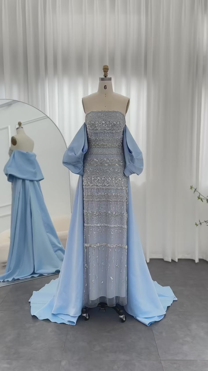 Dreamy Vow Luxury Dubai Sage Green Evening Dresses with Cape Arabic Blue Beaded Elegant Women Wedding Party Gowns SS238