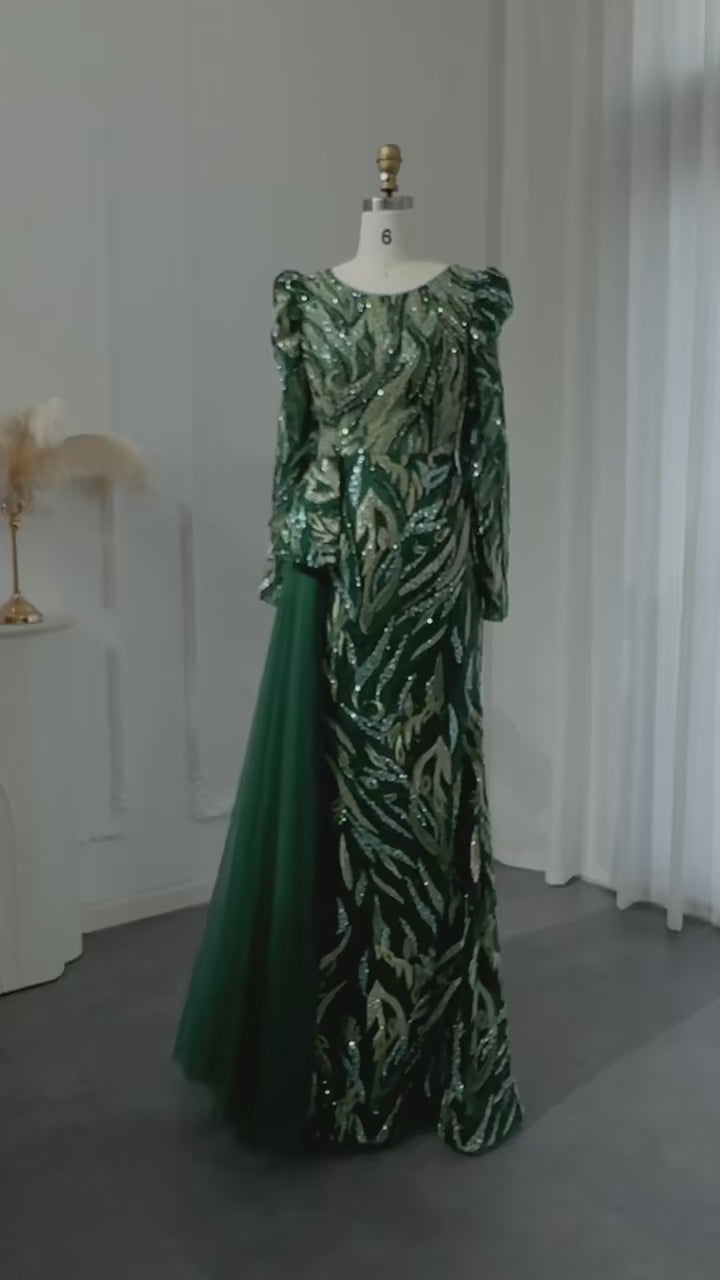 Dreamy Vow Luxury Emerald Green Mermaid Evening Dress Overskirt Long Sleeve Gold Plus Size Women Wedding Party SS001