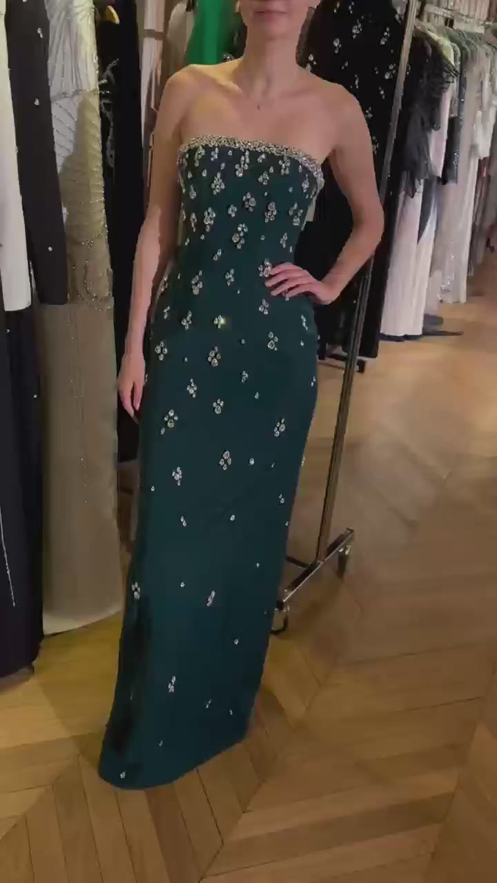 Elegant Strapless Emerald Green Evening Dress Rhinestones Arabic Gown SS221