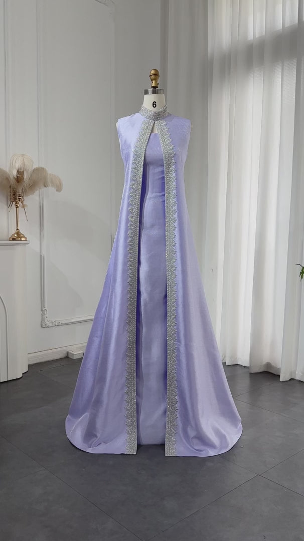 Luxury Rhinestone Lilac Kaftan Evening Dress with Cape SS276