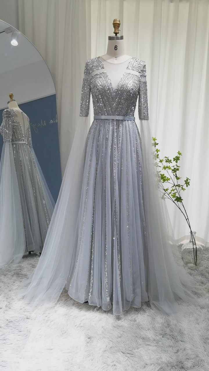 Dreamy Vow Luxury Dubai Silver Grey Evening Dresses with Cape Sleeves Arabic Champagne Muslim Wedding Formal Party Gowns SS068