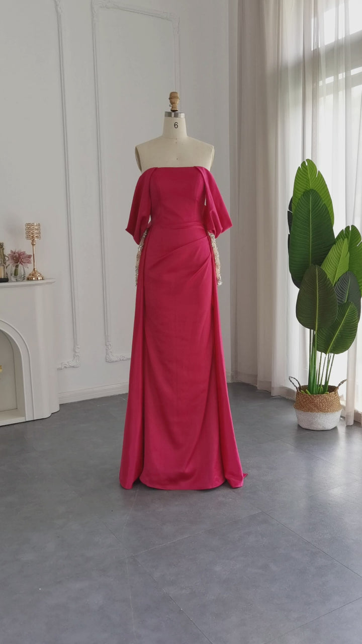 Dreamy Vow Elegant Off Shoulder Fuchsia Evening Party Dress for Women Wedding Arabic Beaded Long Sleeve Formal Prom Gowns SS332