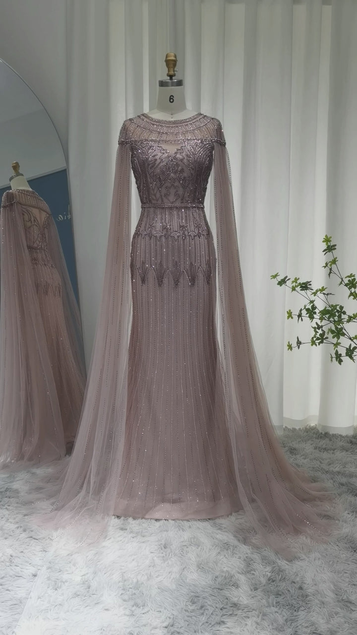 Dreamy Vow Luxus Gold Meerjungfrau Dubai Abendkleid mit Cape-Ärmeln Arabisch Plus Size Formale Partykleider für Frauen Hochzeit SS103 