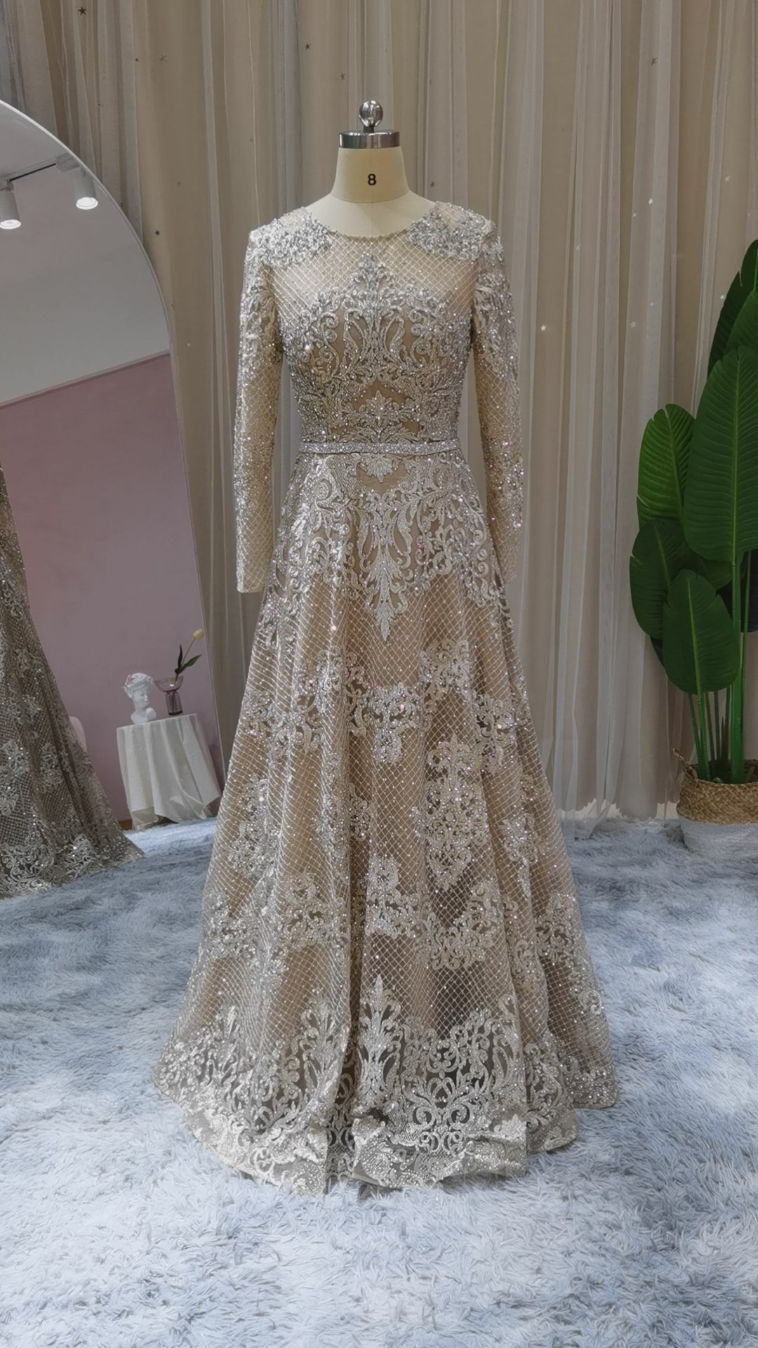 Dreamy Vow Luxury Dubai Champagne Lace Muslim Evening Dress Long Sleeve Plus Size Women Arabic Formal Party Dresses for Wedding Guest SS193