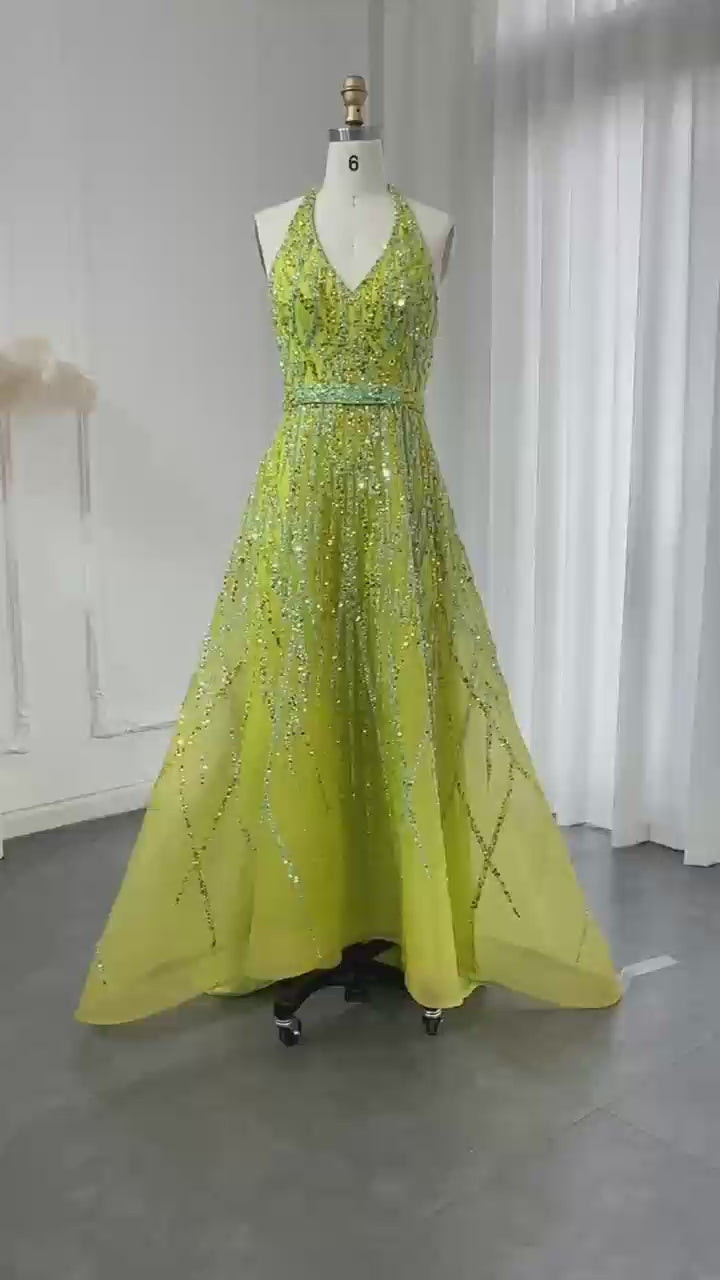 Luxury Beaded Lemon Green Halter High Low Evening Dresses SS472