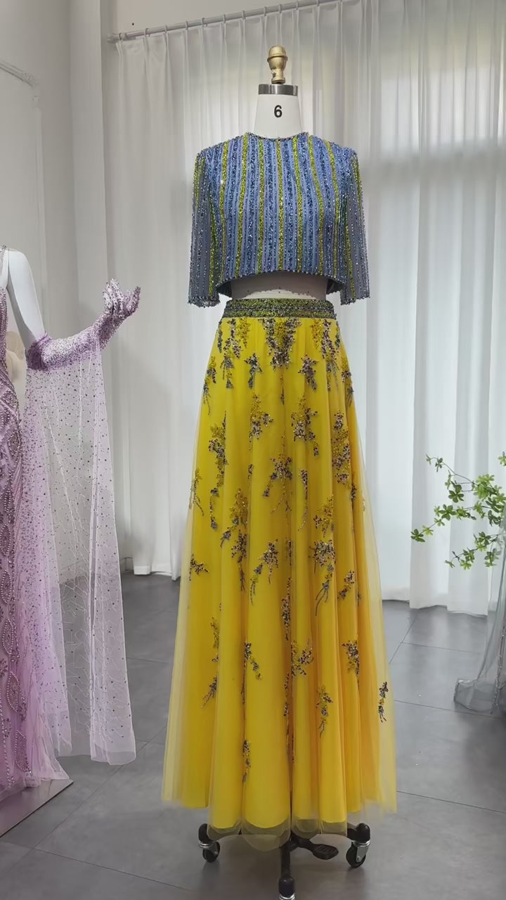 حالمة نذر فاخر دبي أزرق أصفر 2 قطعة فساتين سهرة للنساء حفل زفاف أنيق طويل عربي فستان حفلات رسمي SS490