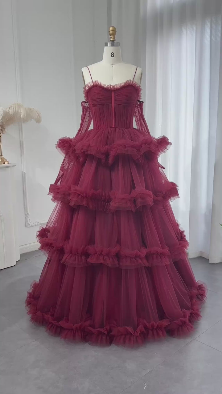 Dreamy Vow Burgundy Tulle Tiered Ruffles Evening Dresses with Gloves SF049