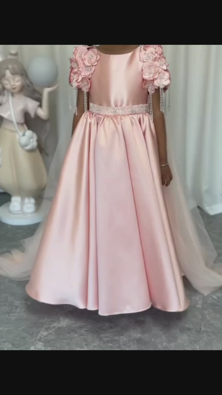 DreamyVow Luxury Dusty Pink Girl Dress Beadeds Arabic with Cap J037