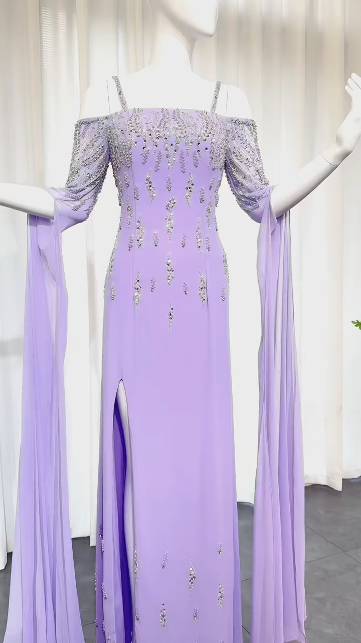 Lilac Mermaid Evening Dress with Cape Sleeves Luxury Wedding Party Gowns SS448