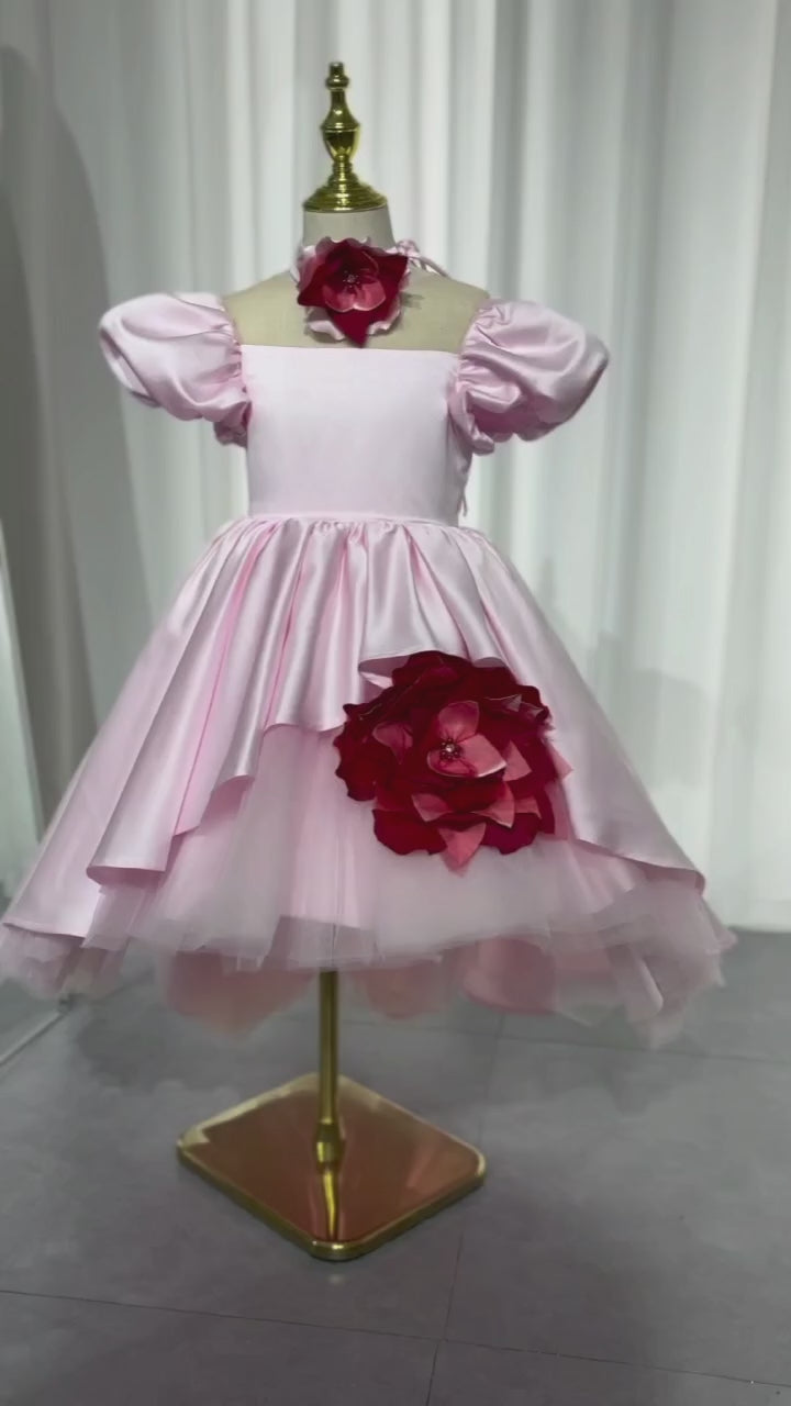 DreamyVow Elegant Square Collar Pink Girl Dress with 3D Flowers Satin Ball Gown J339