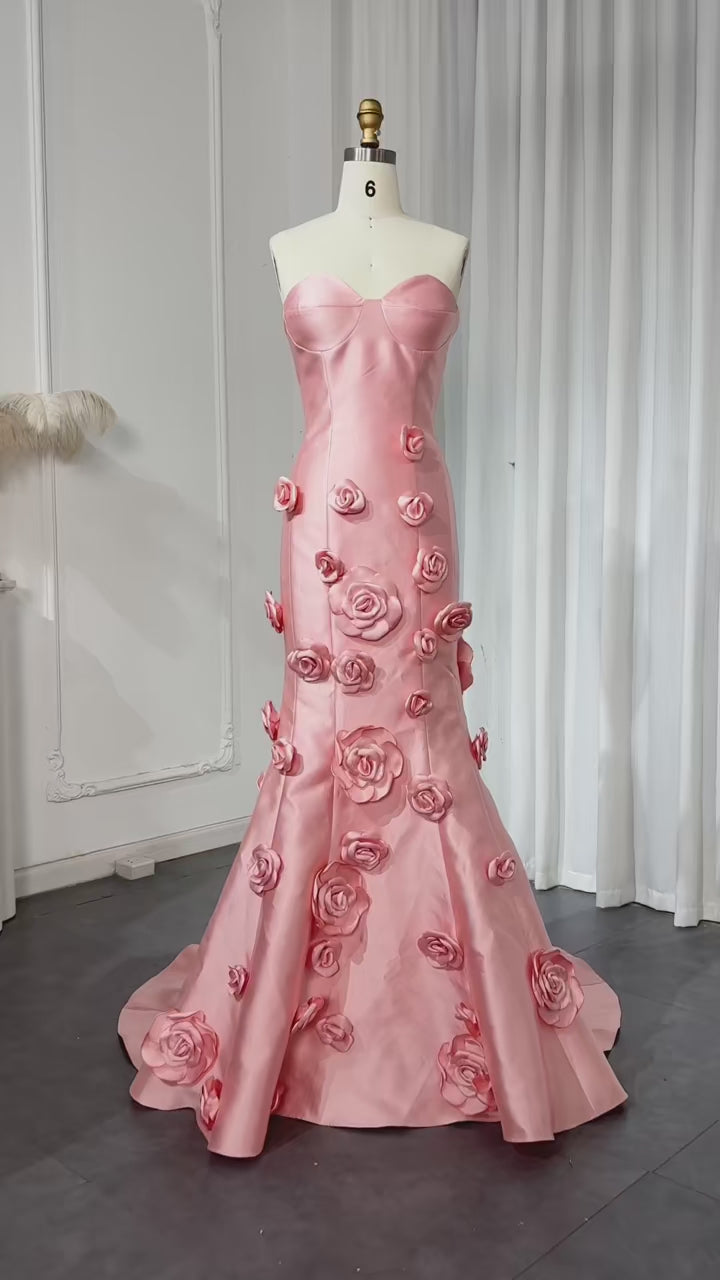 Dreamy Vow Elegant Pink 3D Flowers Strapless Evening Dress SF025