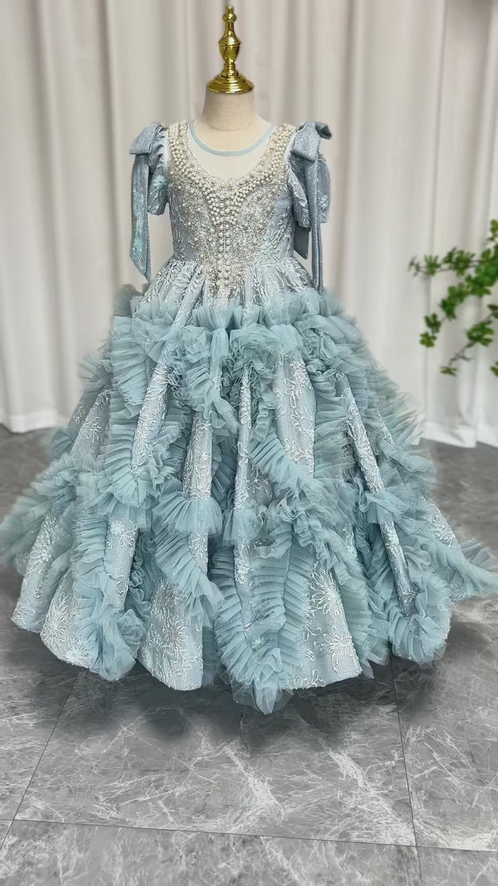 DreamyVow Luxury Arabic Flower Girl Dress Dubai Blue Princess Gown J020