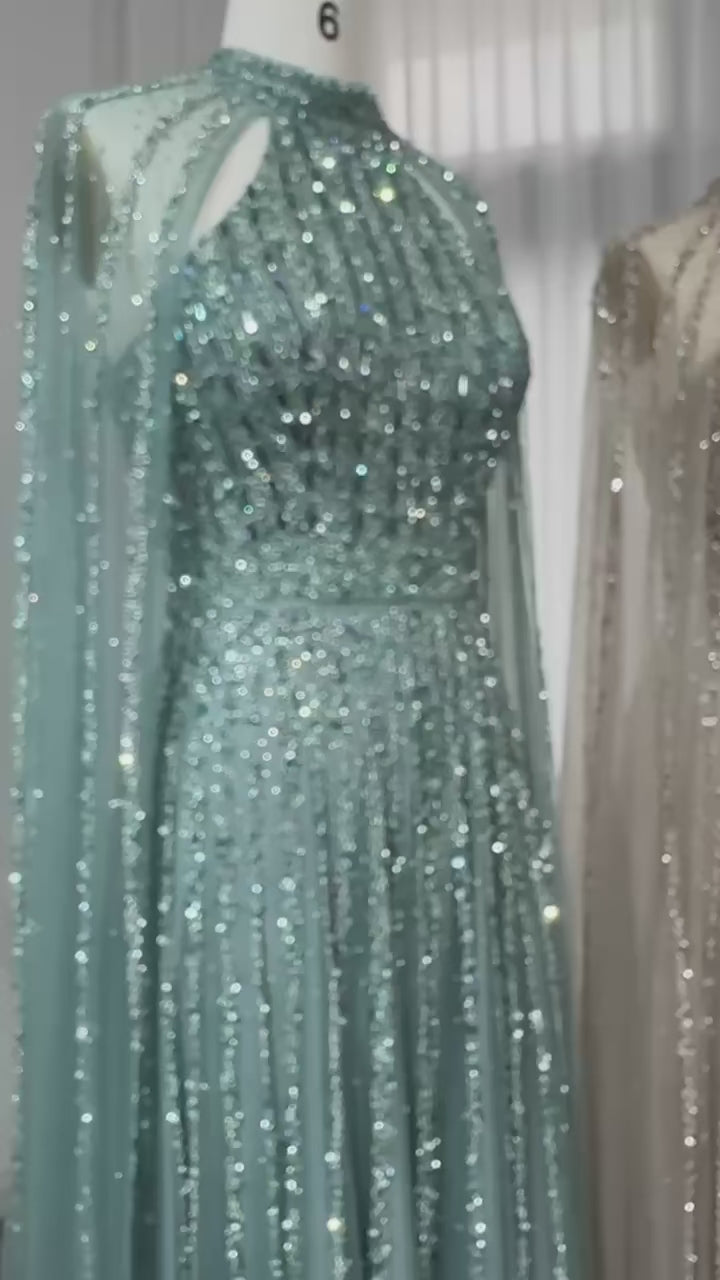 Arabic Turquoise Luxury Dubai Evening Dress with Cape Sleeves SS085