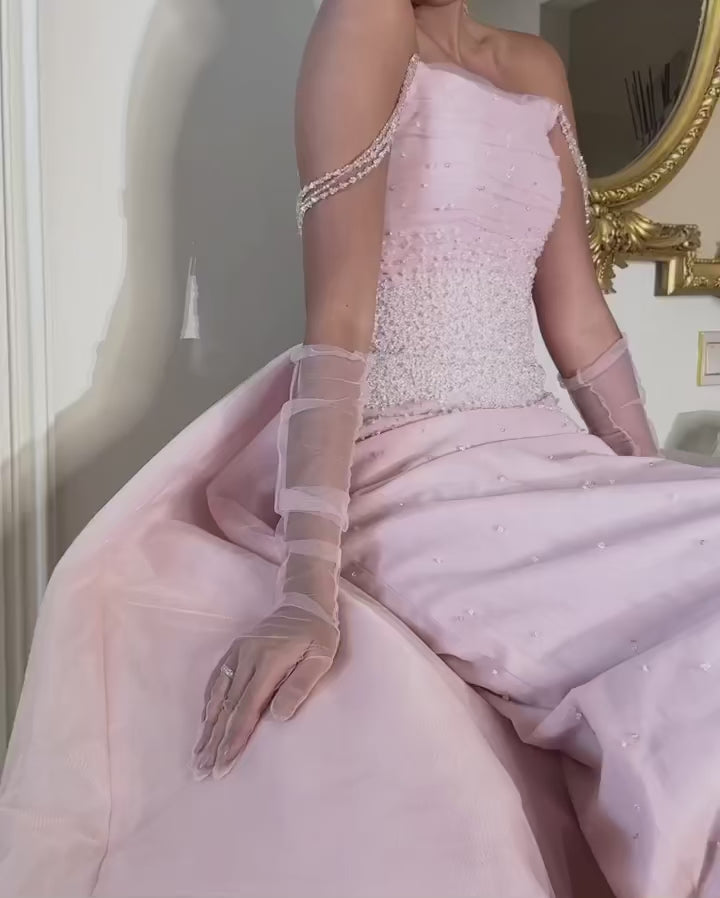 Dreamy Vow Luxury Dubai Beaded Pink Evening Dress with Overskirt Gloves Elegant Women Arabic Wedding Formal Party Gown SS429