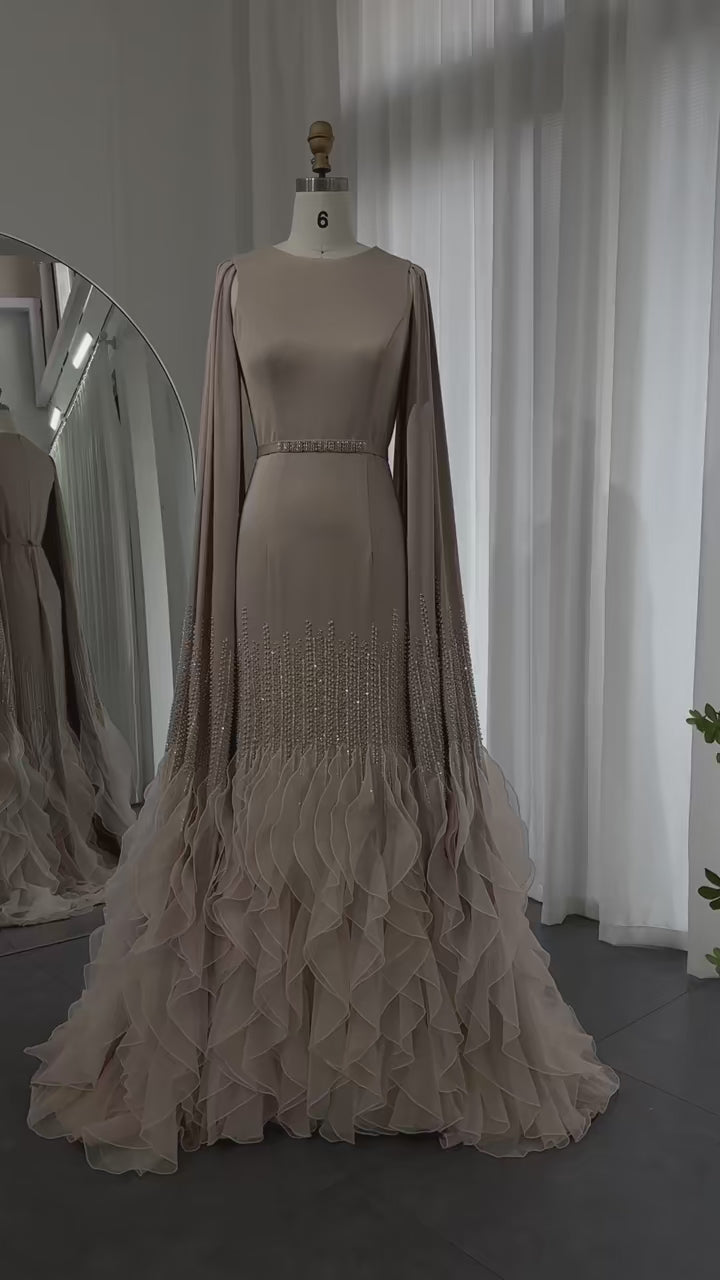 Dreamy Vow Luxury Dubai Mermaid Nude Evening Dresses with Cape Sleeves Tiered Ruffles Arabic Women Wedding Party Gowns SS440