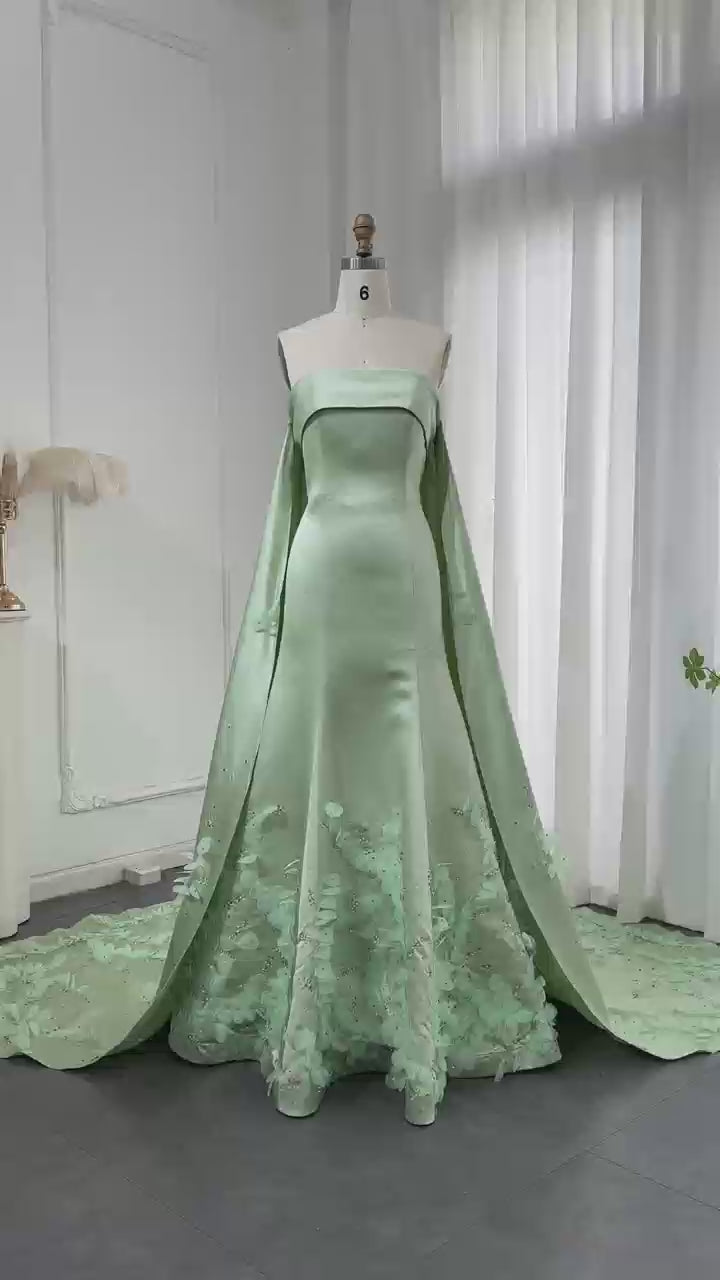 Dreamy Vow Luxury Crystal 3D Leaves Sage Green Dubai Evening Dress with Cape Arabic Women Wedding Party Gowns SS449