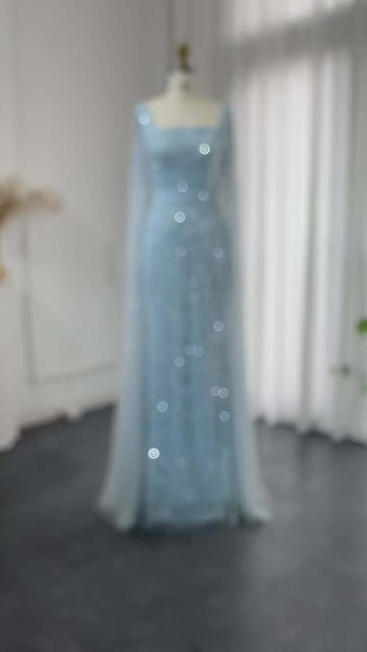 Luxury Beaded Blue Mermaid Evening Dress with Cape Sleeves SS116