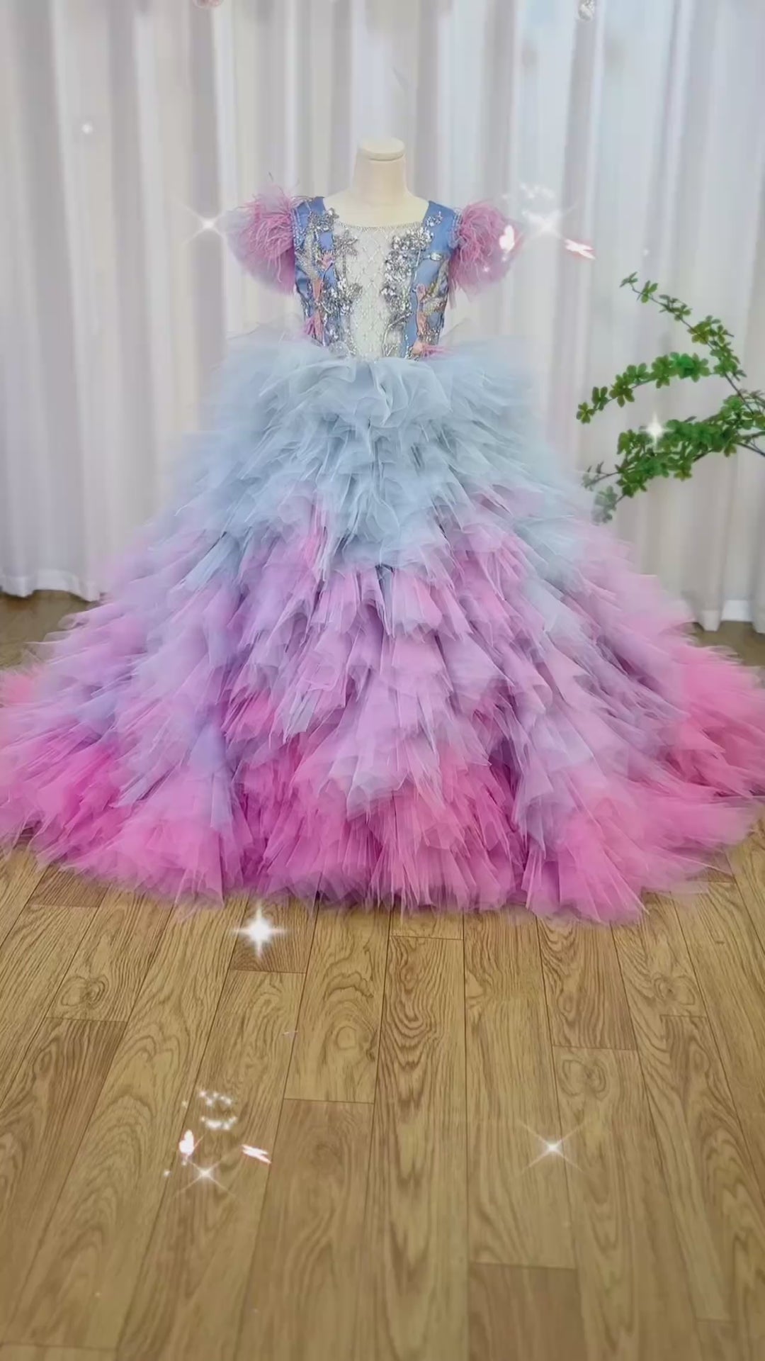 DreamyVow Luxury Girl Dress Feathers Beading Princess Prom Gown for Kids Wedding Birthday Communion Party Quinceañera 2024 J163