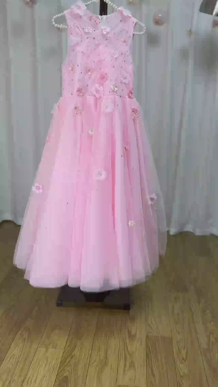 DreamyVow Luxury Dubai Blush Flower Girl Dress Pearls Princess Kids Wedding Birthday Party Evening Gown Communion 2024 J200