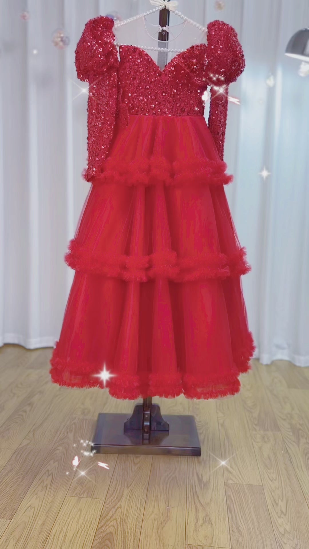 DreamyVow Red Girl Dress Sequined Long Sleeve  Birthday Wedding Party Gown J224