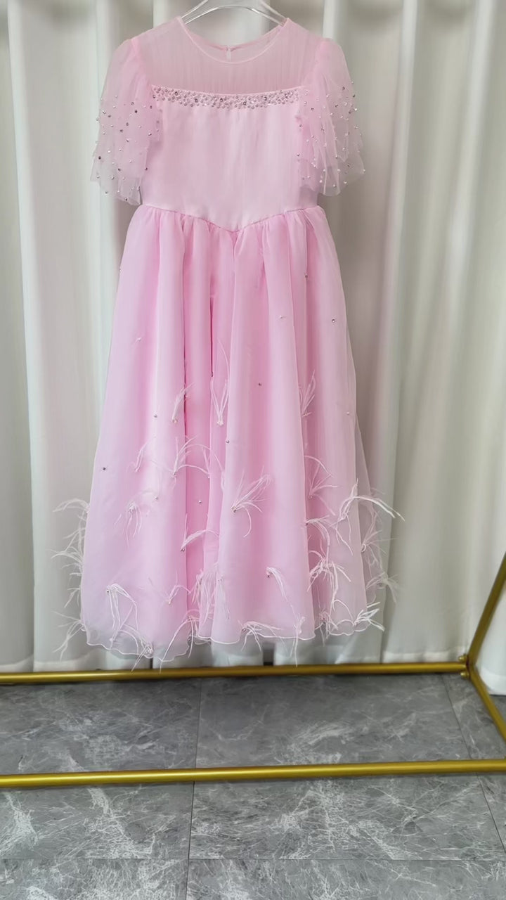 DreamyVow Luxury Blush Pink Girl Dress Feathers Beaded Princess J391