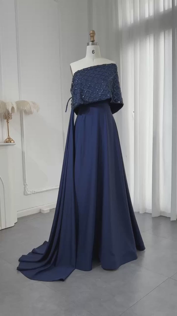 Dreamy Vow Elegant Off Shoulder Navy Blue Evening Dress with Cape SF204