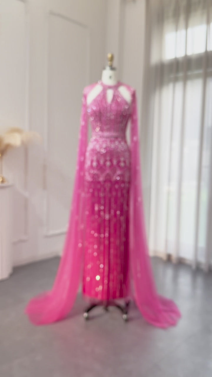 Dreamy Vow Luxury Dubai Mermaid Pink Evening Dresses with Cape Sleeves 2024 Arabic Women Wedding Guest Formal Party Gowns SS361