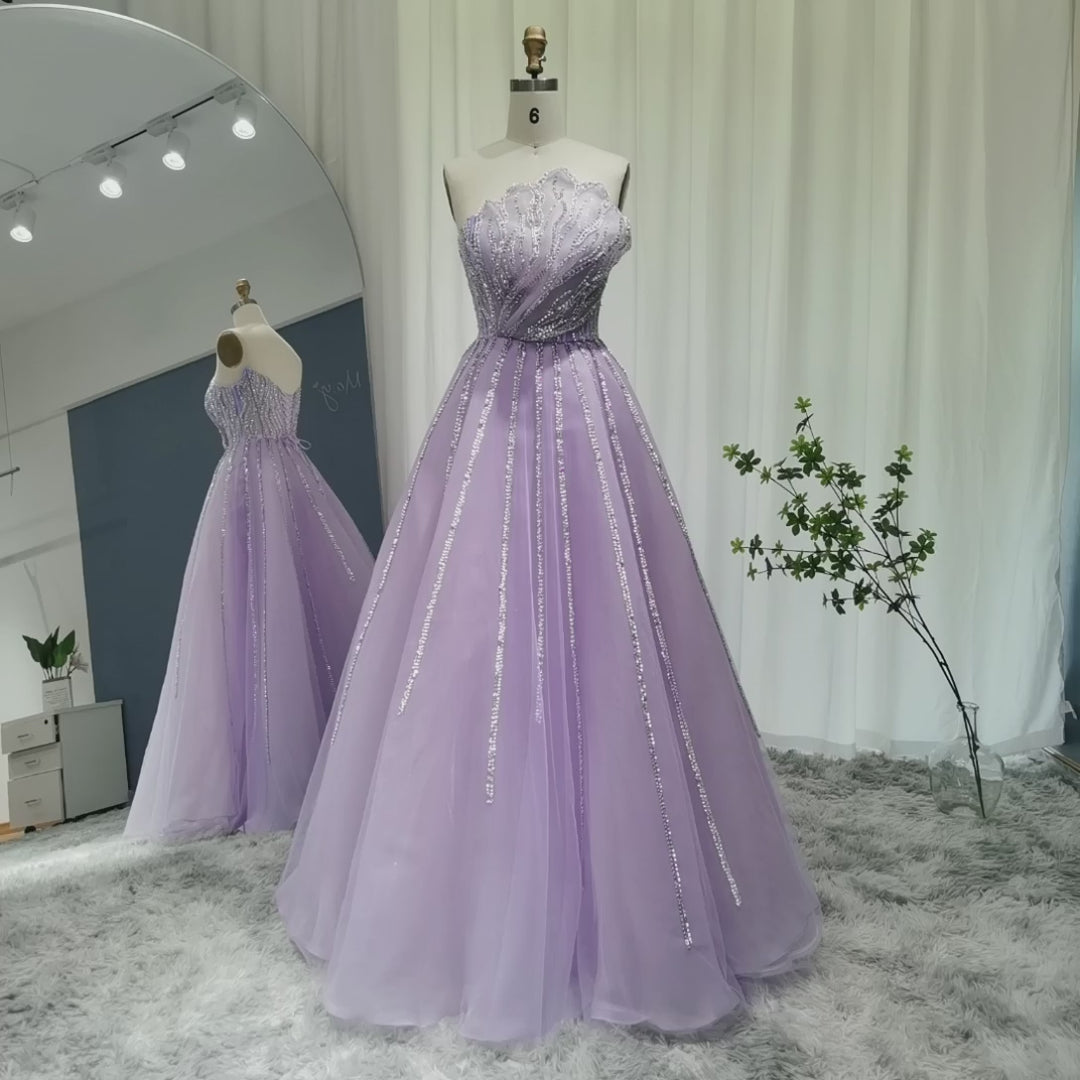 Dreamy Vow Luxury Dubai Beaded Lilac Evening Dress Elegant Scalloped Arabic Women Formal Prom Dresses for Wedding Party SS247