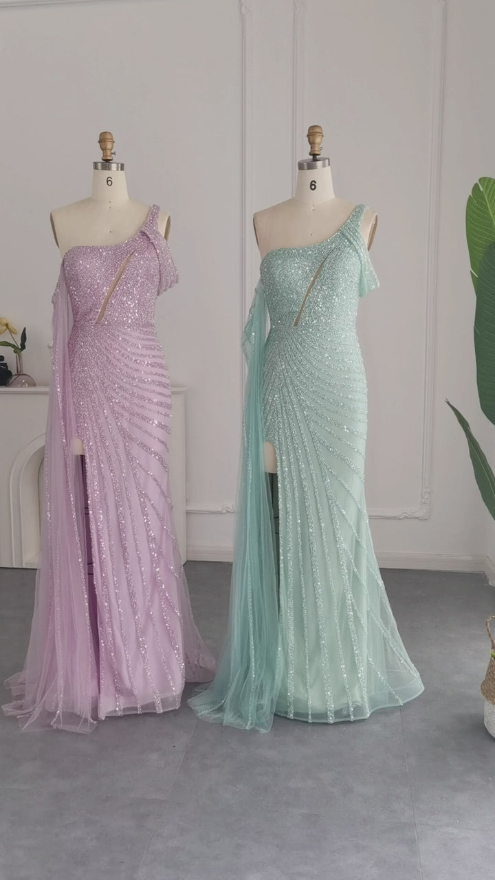 Dreamy Vow Pink One Shoulder Mermaid Evening Dresses Cape Sleeve Luxury Dubai Mint Green Formal Dress for Wedding Party SS320
