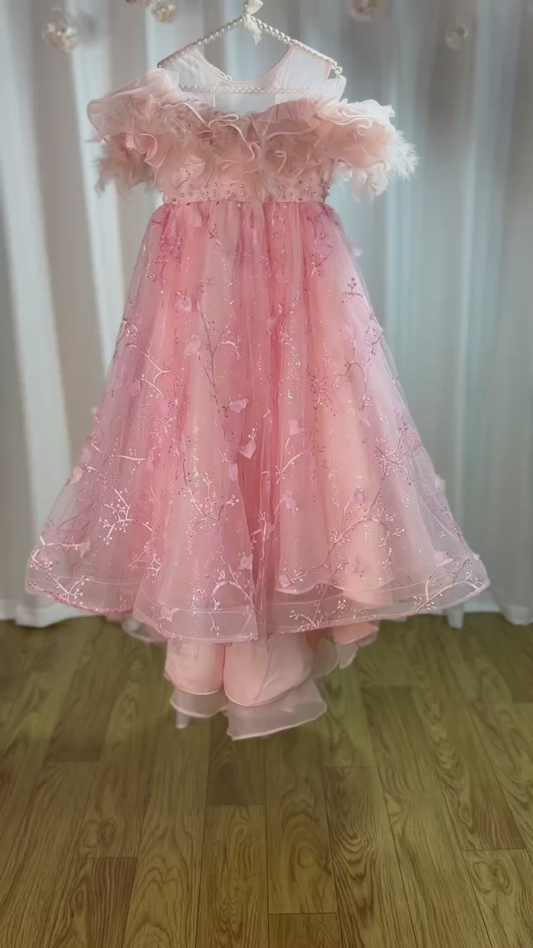 DreamyVow Pink Flower Girl Dresses with Feather Pearls Arabic Princess Prom Gown for Kids Wedding Birthday Party Pageant J015