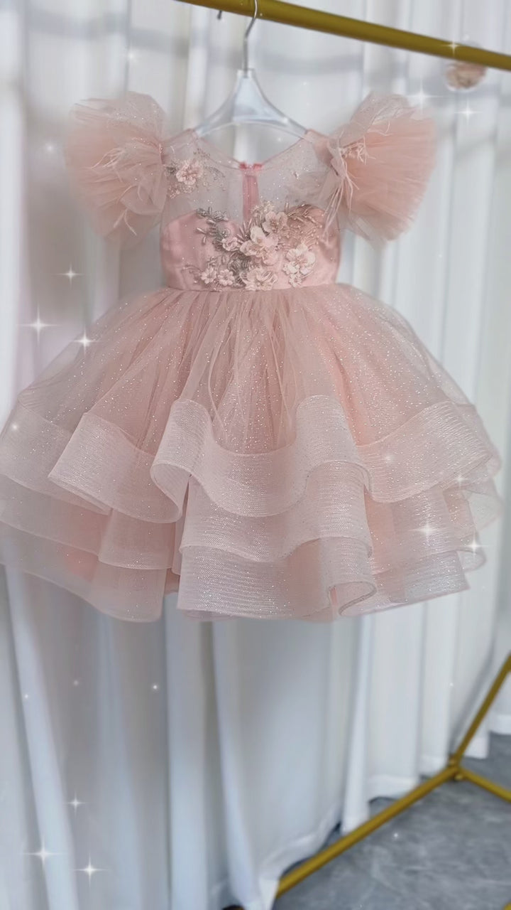 DreamyVow Luxury Pink Baby Flower Girl Dress Feathers Princess Kids Ball Gown for Birthday Wedding Party Holy Communion J144