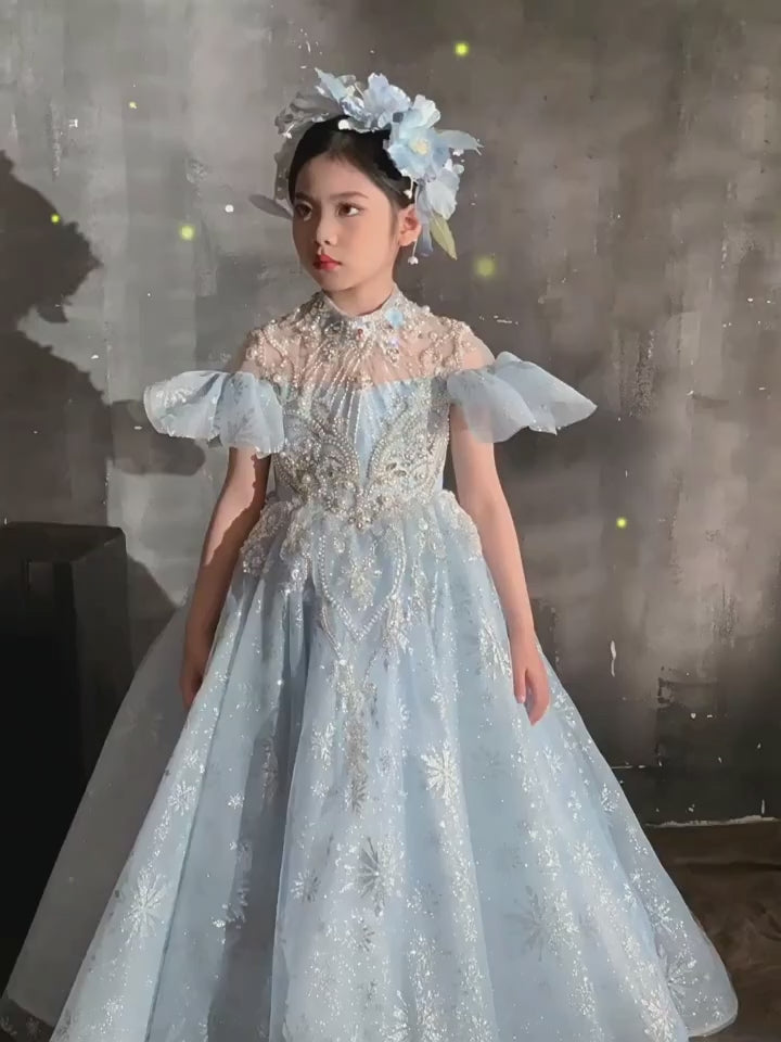 DreamyVow Luxury Blue Beaded Birthday Girl Dress Puffy Sleeve J319