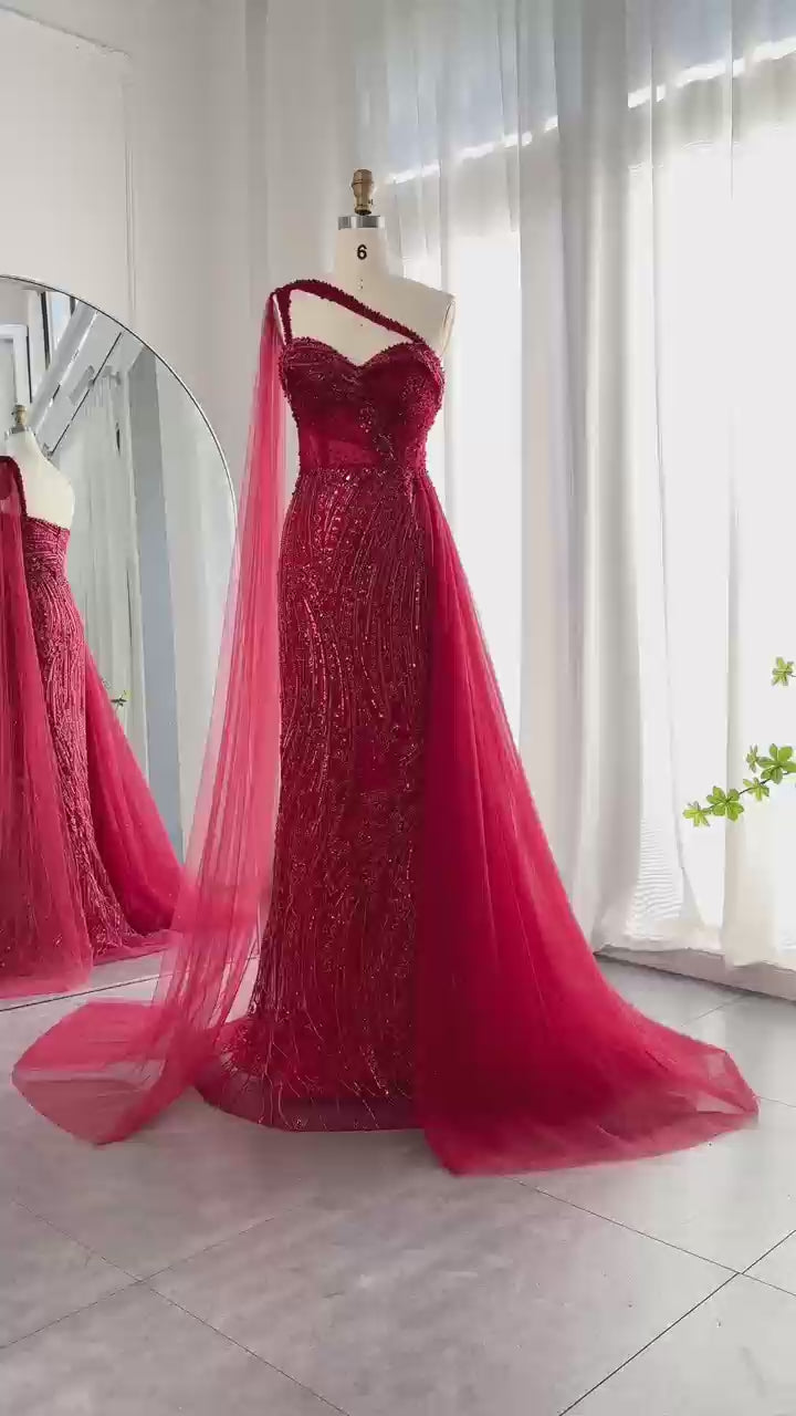 Dreamy Vow Burgundy One Shoulder Mermaid Evening Dresses with Cape Overskirt Women Wedding Party Long Prom Formal Gowns SS129