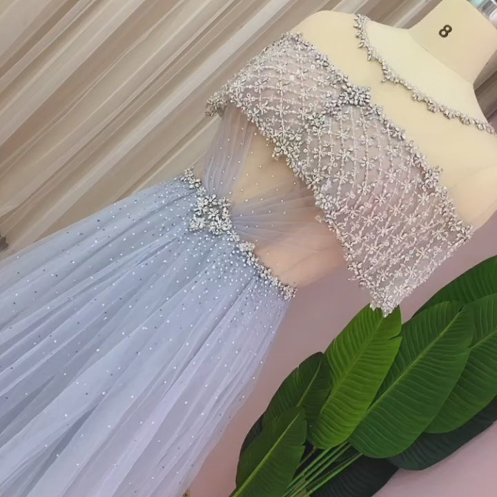Dreamy Vow Luxury Dubai Blue Evening Dresses Elegant Cap Sleeve Crystal Formal Prom Dress for Women Wedding Guest Party SS042