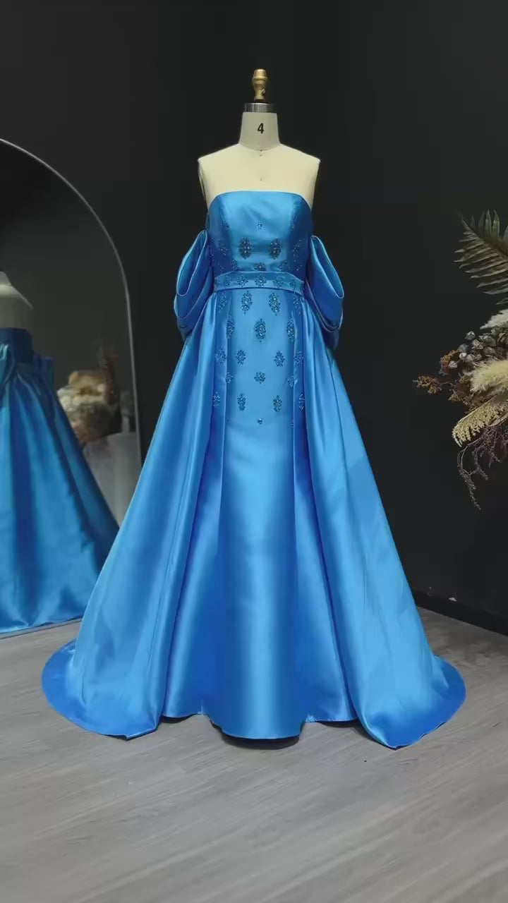 Arabic Satin Blue Elegant Evening Dress with Detachable Overskirt Cape Sleeve SS255