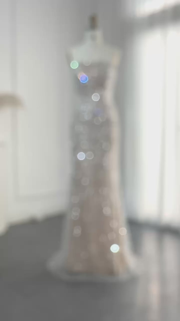 Luxury Pearls Silver Nude Strapless Arabic Evening Dress SS108